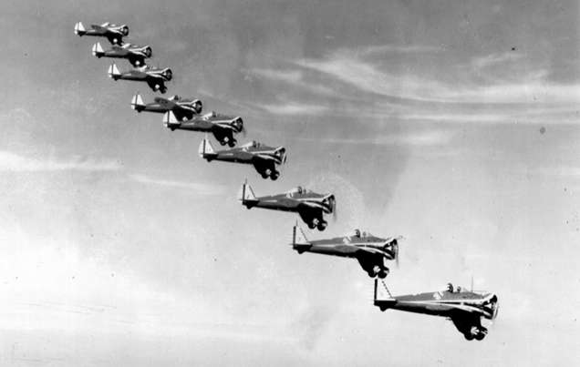 A stacked formation of P-26 Peashooters. (San Diego Air and Space Museum)